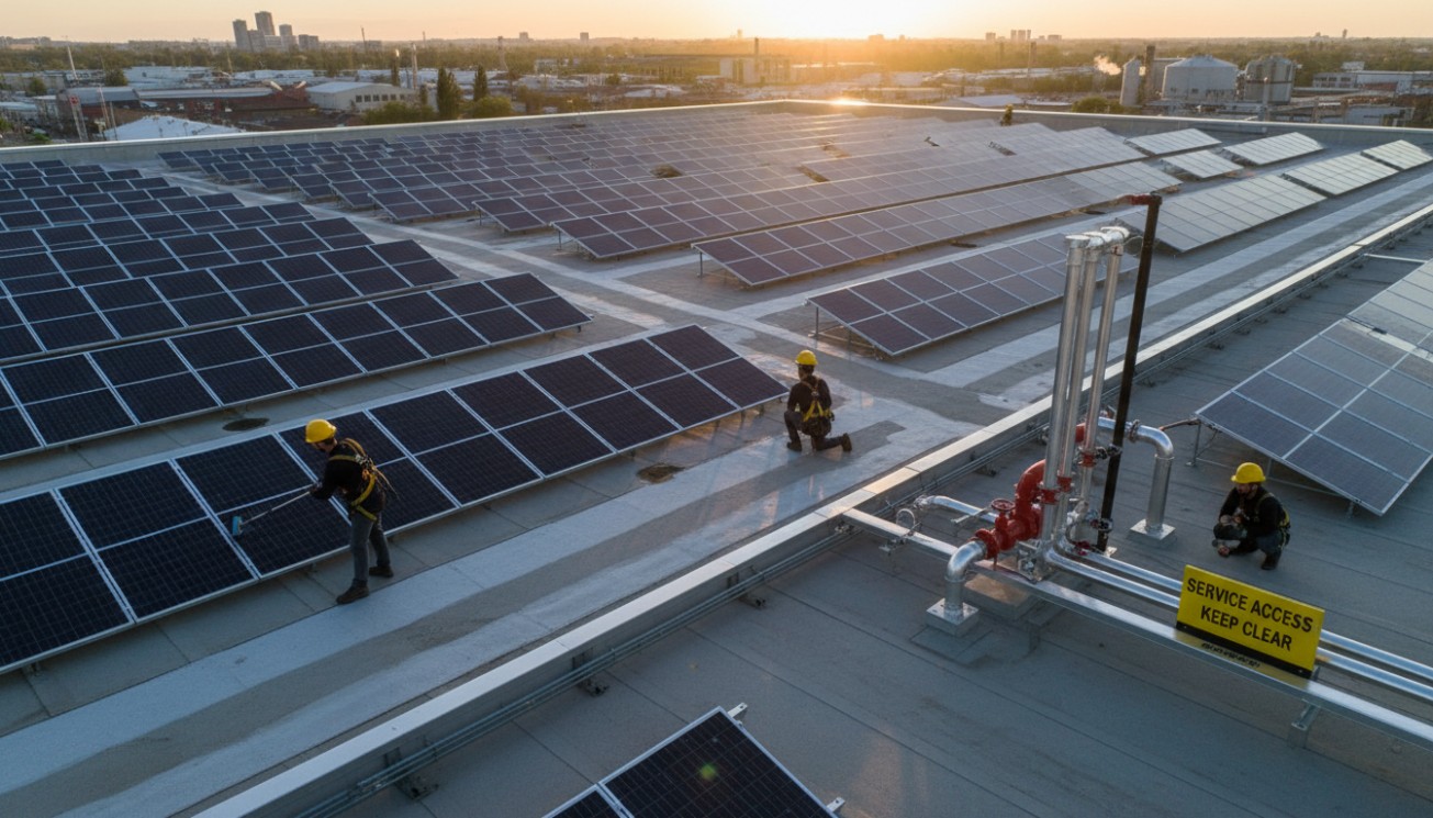 Commercial flat plate solar collector roof layout with service access walkways, maintenance clearance, piping area, and rooftop collector arrays